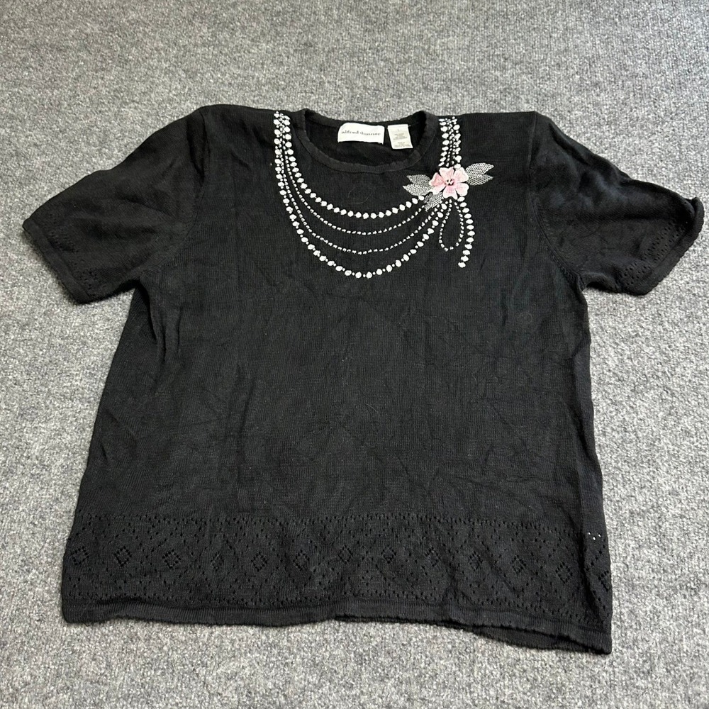 Alfred Dunner Sweater Womens Size L Black Ramie Rayon Floral Pearl Knit Top